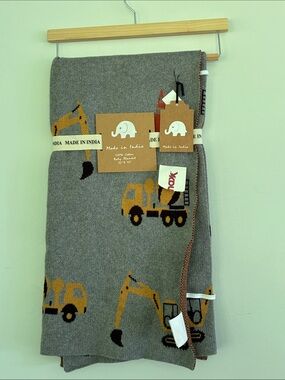 Made in India Gray Kids Construction Blanket with Yellow Excavator Print